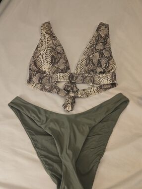 Aerie Snake Print Bikini Top with Olive Green Bottoms